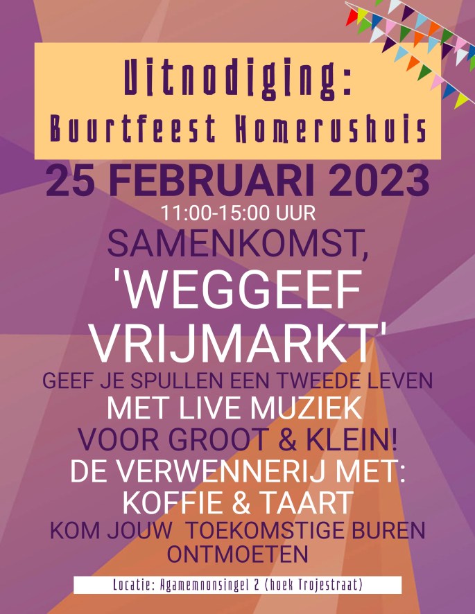 De voorkant van de uitnodiging voor het buurtfeest eerste paal