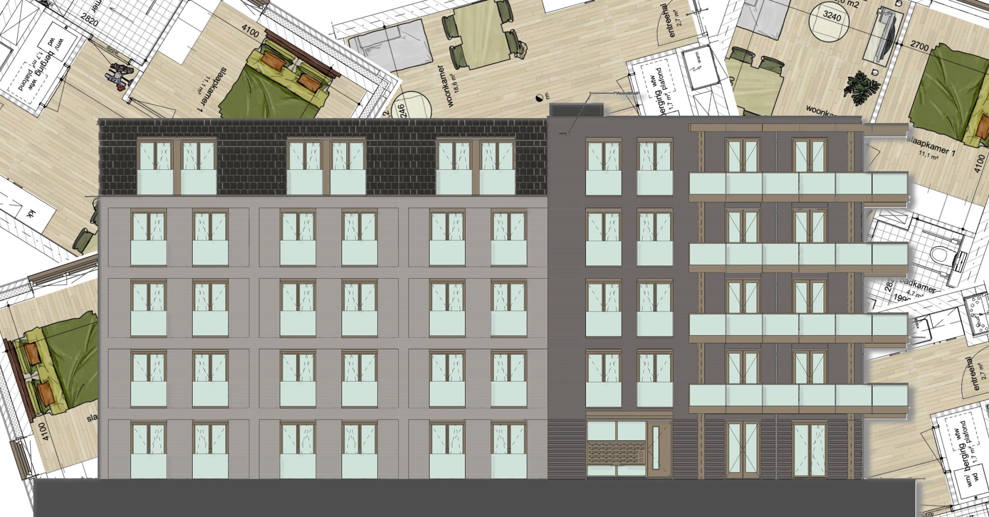 Tekening van Homerushuis en collage van plattegronden van appartementen