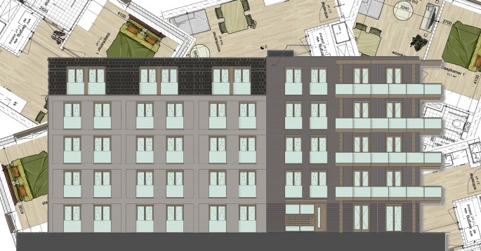 Tekening van Homerushuis en collage van plattegronden van appartementen